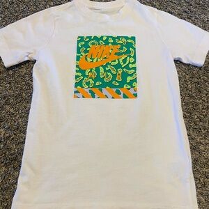 Nike White Short Sleeve Tee with Green & Orange Graphic Block